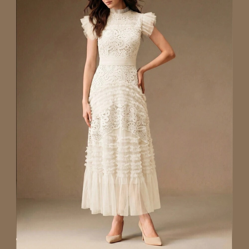 Cream Lace Ruffle Tiered Tulle Stand Collar Flutter Sleeve Maxi Dress